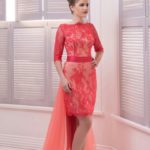 Vestido de fiesta corto con cola desmontable manga tres cuartos en encaje y tul con cinturón de satèn