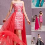 Short cocktail dress for wedding in satin and lace with detachable train sweetheart neckline and belt decorated with sparkling stones