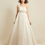 Empire style one-shoulder online wedding dress with sweetheart neckline made in organza and satin