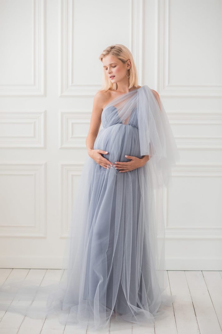 Abiti cerimonia premaman prenatal per invitate al matrimonio in tulle con  spalline da annodare nuova collezione 2021 - Sposamore