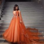 Red earth color wedding dress for sale online made in satin and tulle with lace applications and sparkling decorations