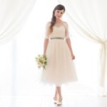 Vintage tea length wedding dress in off-white tulle with satin belt custom made online shop