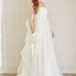 Light and fluffy wedding dress with straight neckline and draped bodice made to measure online shop