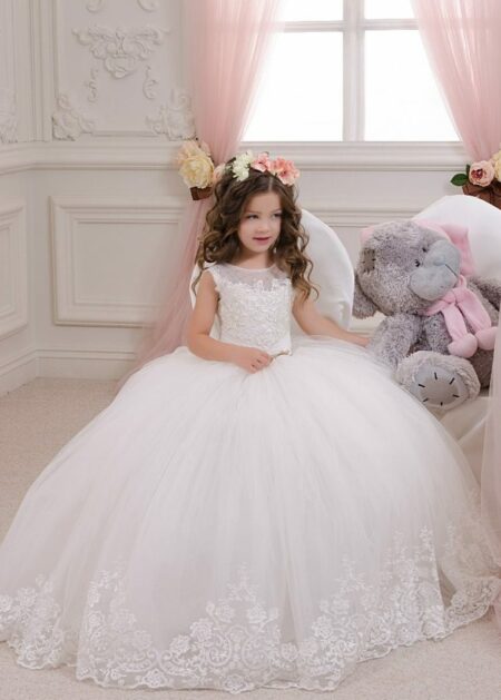 Vestido princesa para ceremonia niña realizado en satèn y tul con  aplicaciones de encaje y decoraciones brillantes - Sposamore