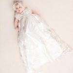 Vintage baptism dress for baby girl in ivory color including hood and lace cape