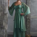 Green pantone mother of the bride dress made in chiffon with butterfly sleeves jacket at cheap price