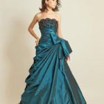 Petrol green colored wedding dress online made in satin with straight neckline