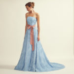 Light blue inexpensive colorful wedding dress made in lace with straight neckline