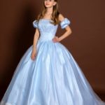 Princess style light blue wedding and ceremony dress made of satin and tulle