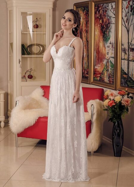 Vestido de novia sencillo y barato de corte recto para boda civil a la venta online, con decorado con encaje, perlas lentejuelas - Sposamore