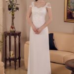 Simple cheap straight cut wedding dress for civil wedding for sale online, bodice decorated with lace, beads and sequins