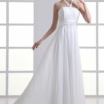 Very simple cheap wedding dress made in chiffon with straight neckline and straps, empire style
