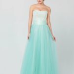Water green cocktail dress A line made of tulle with satin lining, features a fabric band at the draped waist