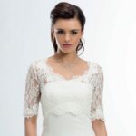 Online tailored bustier wedding shrug with half sleeves, V-neck, made in lace