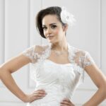 Transparent tulle bridal wrap with lace and beaded embroidery, short sleeves, sale at a good price