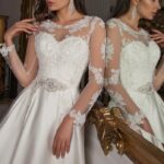 Outlet nupcial online, vestido de novia elegante y refinado para bodas de invierno, manga larga transparente