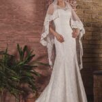 Mermaid style Chantilly lace wedding dresses with straps, short train and lace up closure