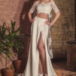Seductive very sensual two-piece wedding dress with off-the-shoulder lace bodice