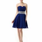 Elegant short dresses for girls cheap blue color with sweetheart neckline made of chiffon and decorated at the waist with rhinestones