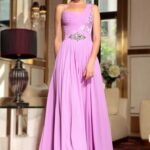 Violet party dress with spaghetti straps made of chiffon, draped bust and pleated skirt