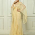 Vestido formal amarillo para señoras con mangas largas de mariposa, confeccionado en chifòn