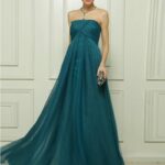 Strapless petrol green cocktail dress with a straight empire-style neckline made in tulle