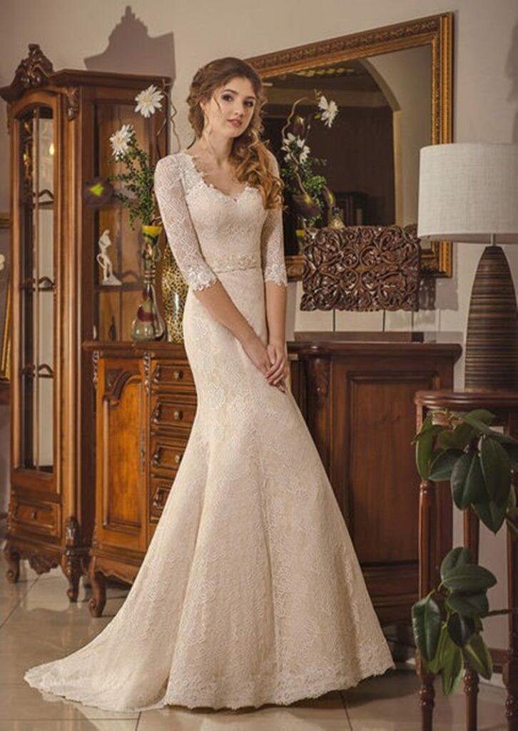 Abito Da Sposa Sirena In Pizzo Maniche Lunghe, Avorio Abiti Da Sposa