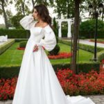 Very special 2022 wedding dresses A line with boat neckline and long puff sleeves perfect for the most elegant brides