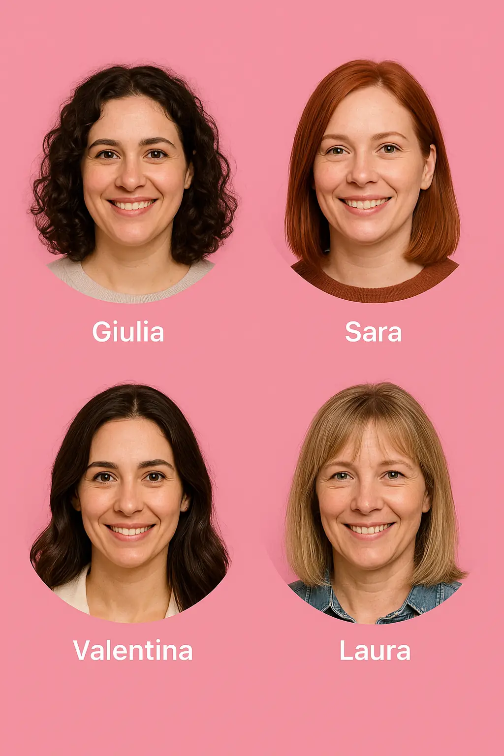Il team femminile di Sposamore – consulenti, stiliste e sarte – ritratte su sfondo rosa fucsia chiaro, volti sorridenti e autentici di donne di età diverse, racchiuse in eleganti cerchi stile logo Facebook. Questa immagine rappresenta la professionalità, la semplicità e l’umanità delle persone che ogni giorno aiutano le future spose a scegliere abiti da sposa economici senza rinunciare alla qualità e allo stile.

