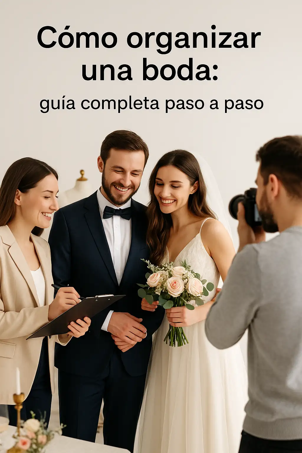 "Pareja de novios sonrientes junto a organizadora y fotógrafo, representando cómo organizar una boda con guía completa paso a paso." 