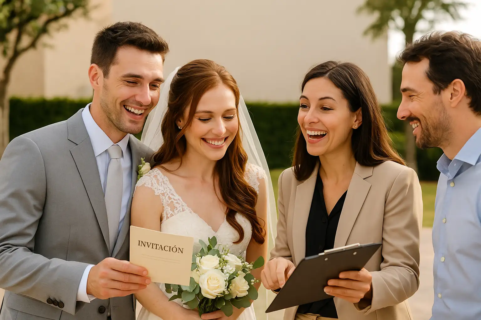 "Novios entregando invitaciones de boda a familiares y amigos, mostrando cómo organizar una boda con la magia de las relaciones humanas." 