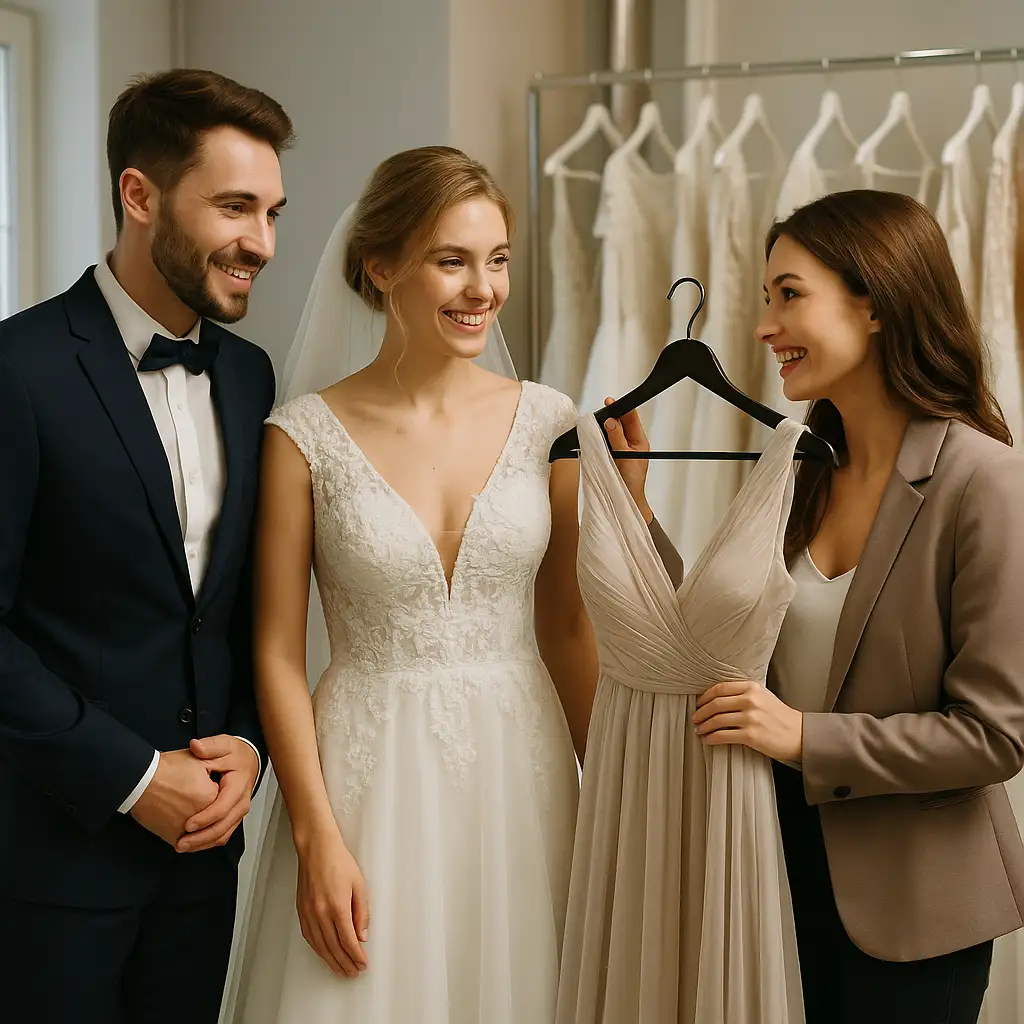 "Novia probándose vestido elegante junto al novio y diseñadora, representando vestimenta y moda como parte de cómo organizar una boda con estilo y personalidad." 