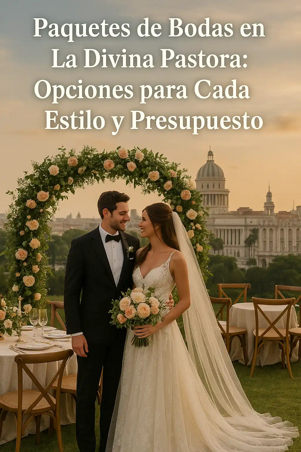 Descrizione: Fotografía de boda en La Divina Pastora en La Habana, mostrando a los novios bajo un arco floral al atardecer, con decoración elegante, mesas al aire libre y el icónico Capitolio de fondo, creando una ambientación perfecta para un evento romántico.