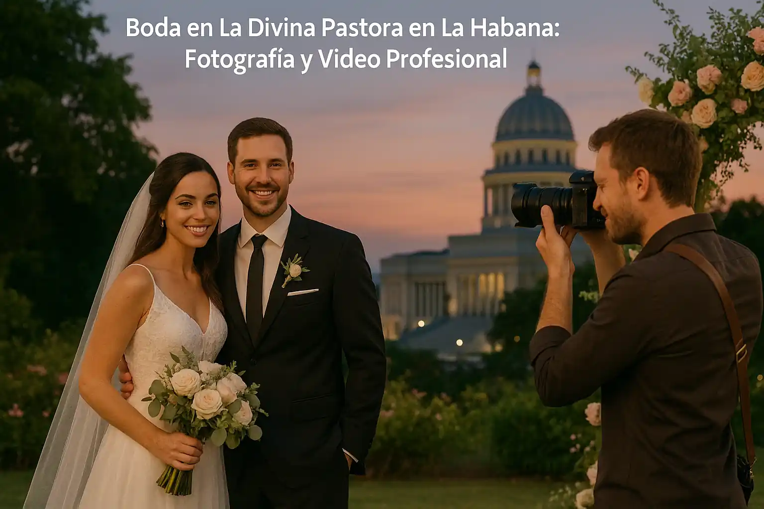 Descrizione: Fotografía profesional de una pareja de recién casados en La Divina Pastora, La Habana, con un fotógrafo capturando el momento, el Capitolio iluminado al fondo y un ambiente cálido de atardecer que resalta la belleza de la boda.