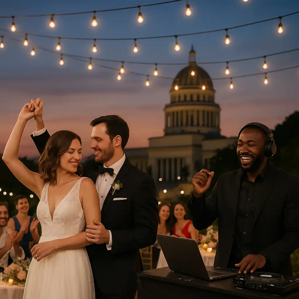 Descrizione: Escena vibrante de boda en La Divina Pastora en La Habana, con los novios bailando bajo luces colgantes, un DJ animando la fiesta y el Capitolio iluminado de fondo, creando un ambiente festivo y romántico.