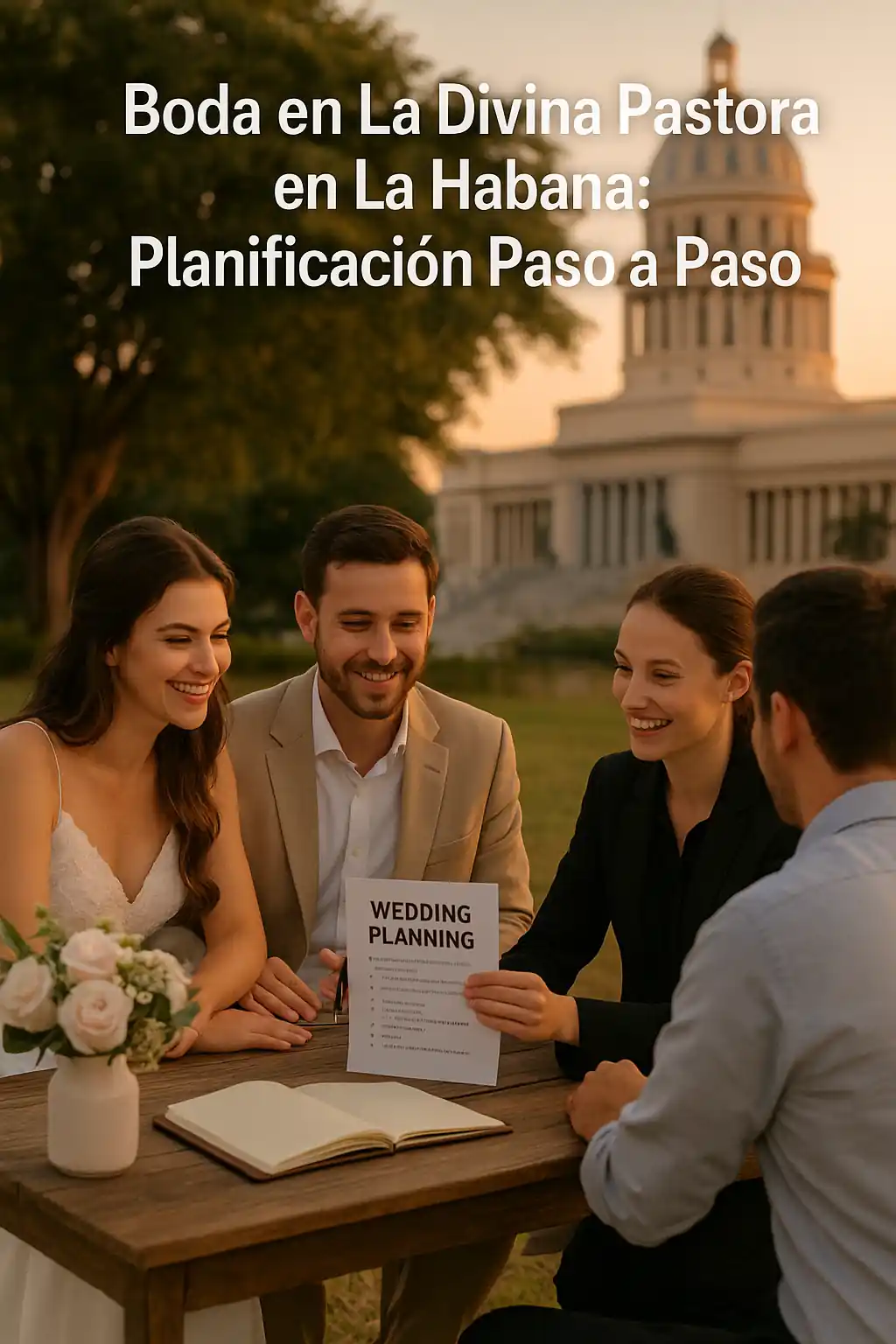Descrizione: Fotografía de la reunión de planificación de boda en La Divina Pastora, con los novios y el wedding planner revisando detalles al aire libre, el Capitolio de La Habana de fondo y un ambiente cálido al atardecer que inspira confianza y organización.