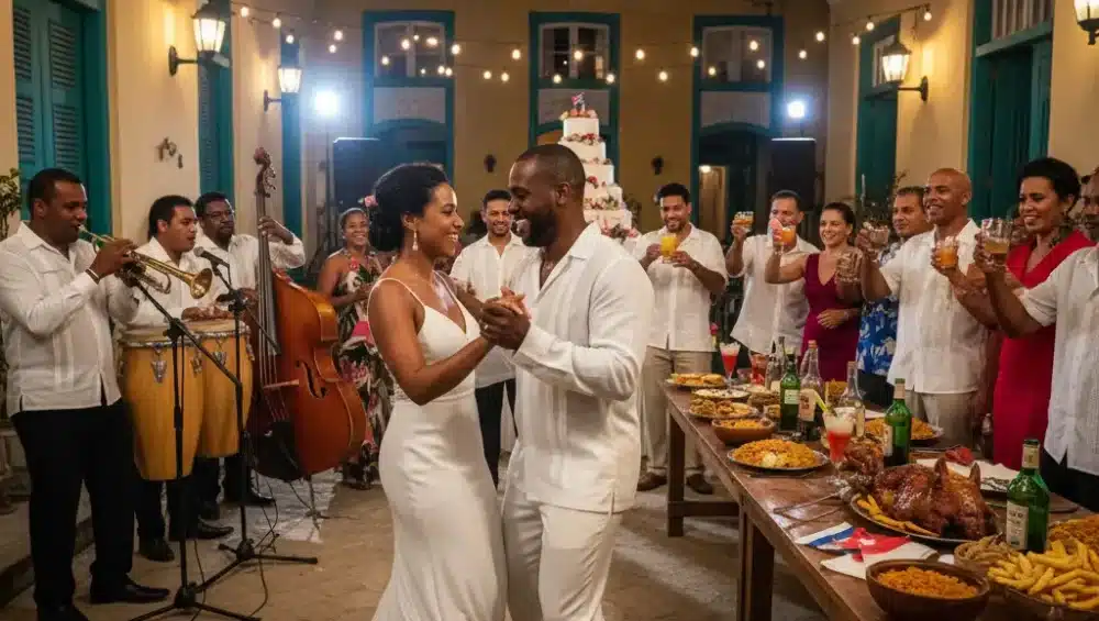 Bodas en Cuba con banquete, música en vivo y pareja bailando en patio colonial.