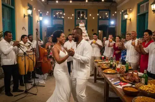 Bodas en Cuba con banquete, música en vivo y pareja bailando en patio colonial.