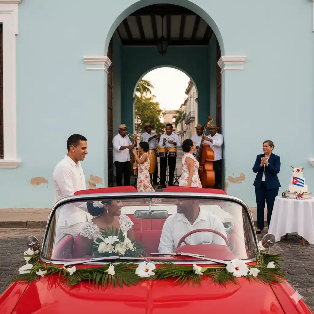 Bodas en Cuba: pareja en coche clásico rojo frente a músicos en vivo, celebración caribeña auténtica con sabor cubano y decoración tropical.