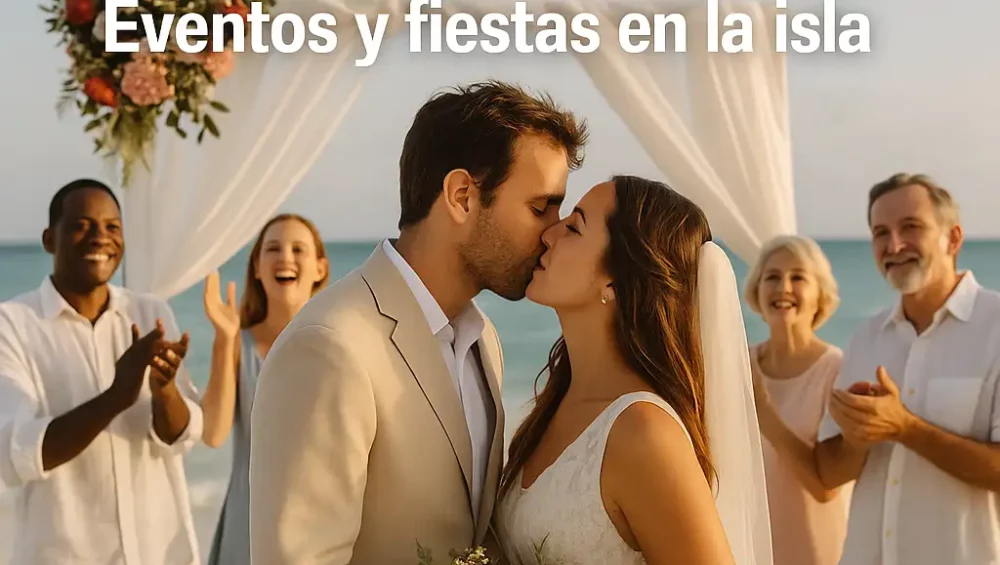 Pareja besándose en una boda en la playa de Cuba, con familiares aplaudiendo y decoración romántica.