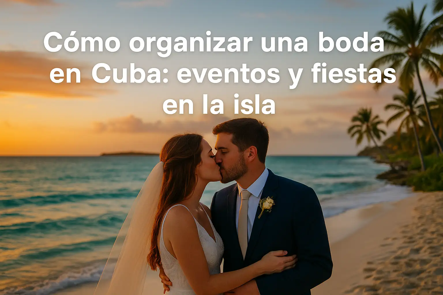 Imagen inspiradora de una boda en la playa al atardecer en Cuba. Los novios se besan mientras el cielo se tiñe de colores cálidos y el título "Cómo organizar una boda en Cuba: eventos y fiestas en la isla" aparece en blanco sobre el horizonte.