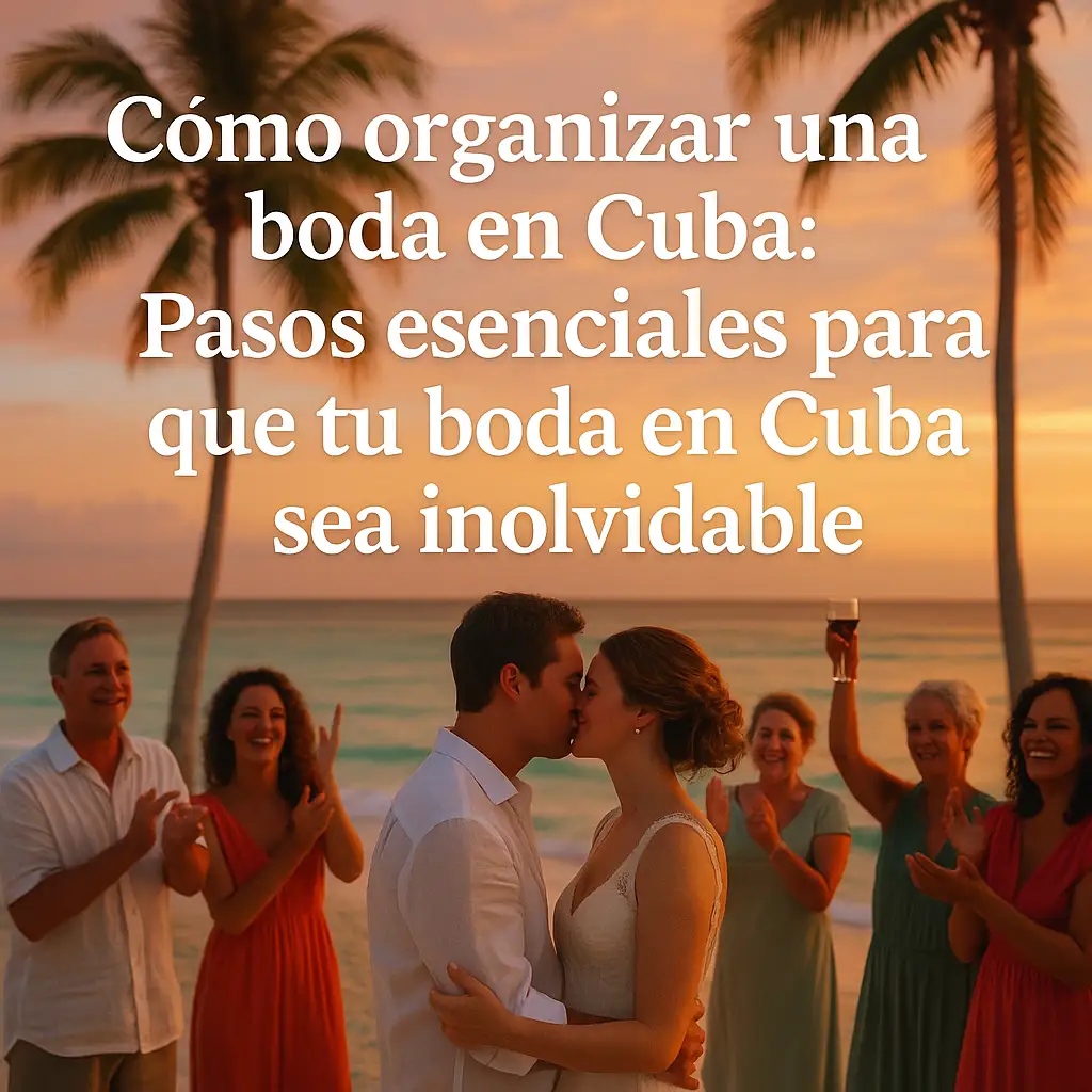 Imagen vibrante de una boda en Cuba, con la pareja besándose al atardecer y los invitados celebrando en la playa. El título del artículo aparece en blanco, creando una portada perfecta para una guía de bodas.