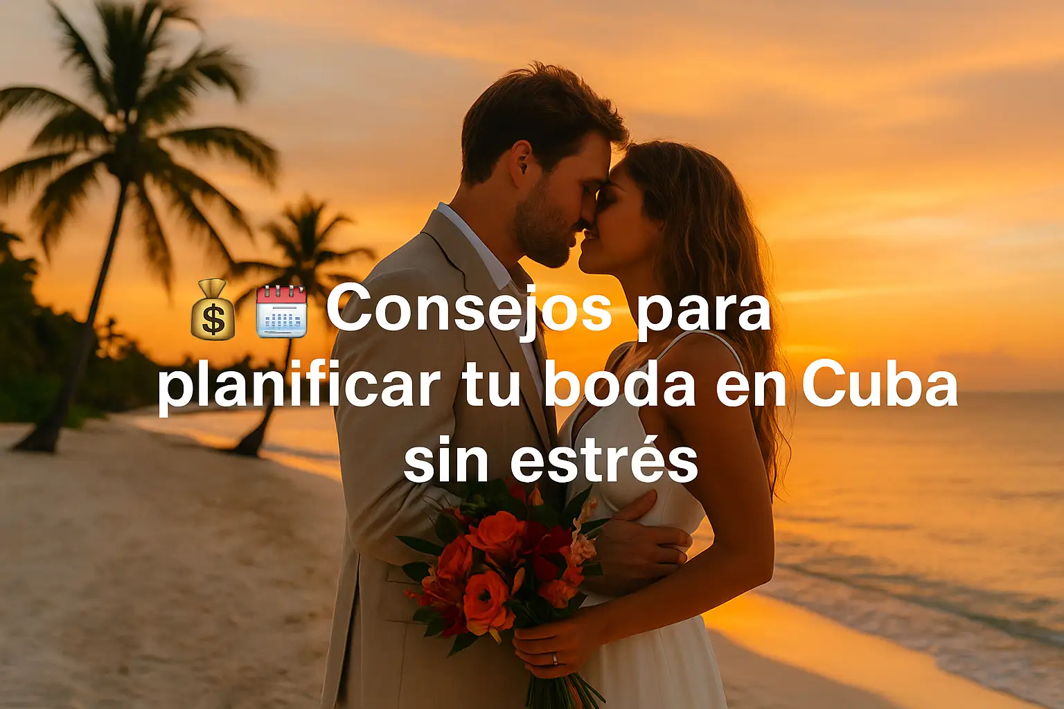 Imagen romántica de una pareja en la playa de Cuba al atardecer, con el título del artículo sobre planificación de bodas en Cuba. La escena transmite tranquilidad, organización y amor, perfecta para un artículo de consejos.