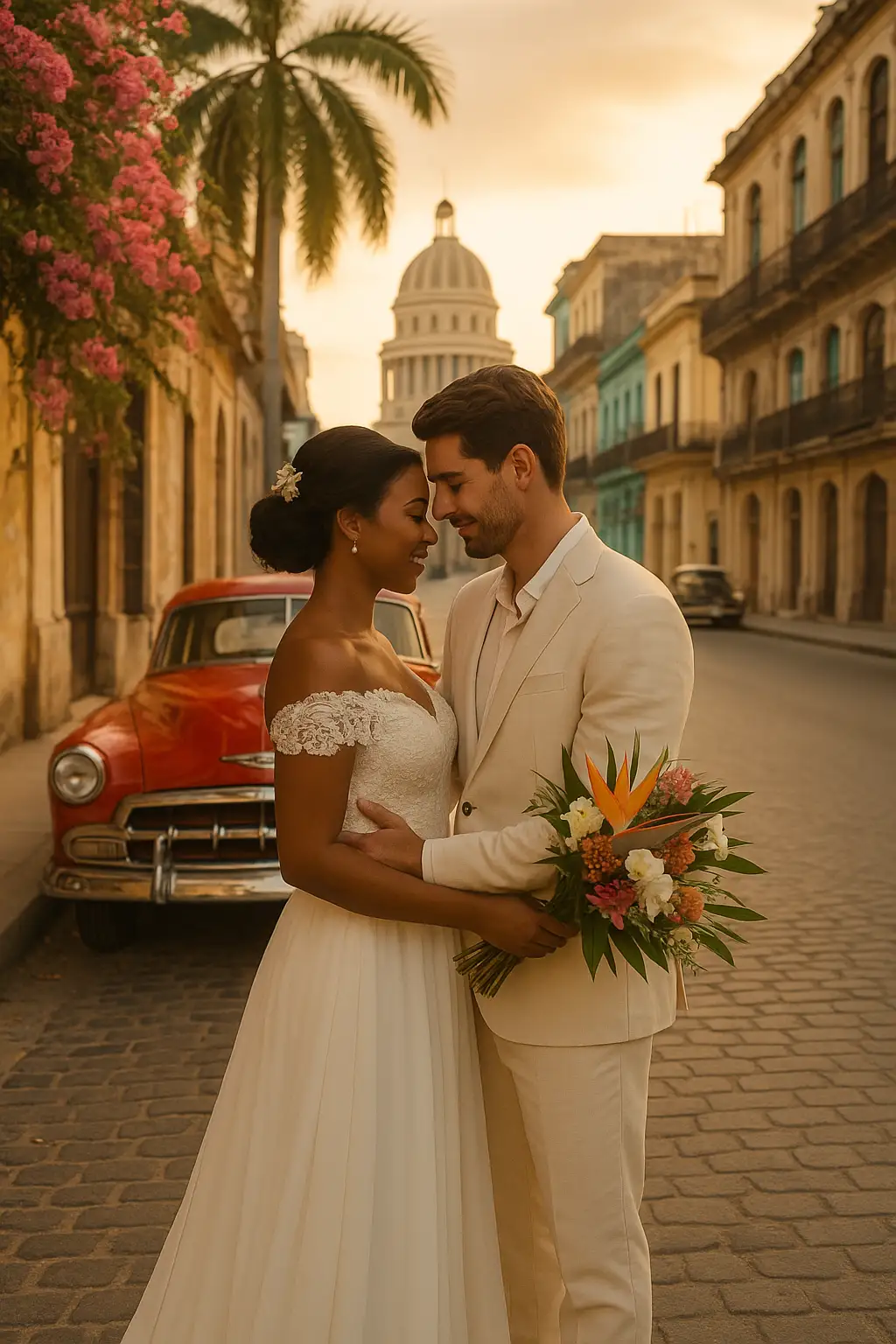 El broche de oro de las bodas en Cuba, pareja de recién casados abrazándose al atardecer en La Habana con coche clásico y arquitectura colonial.