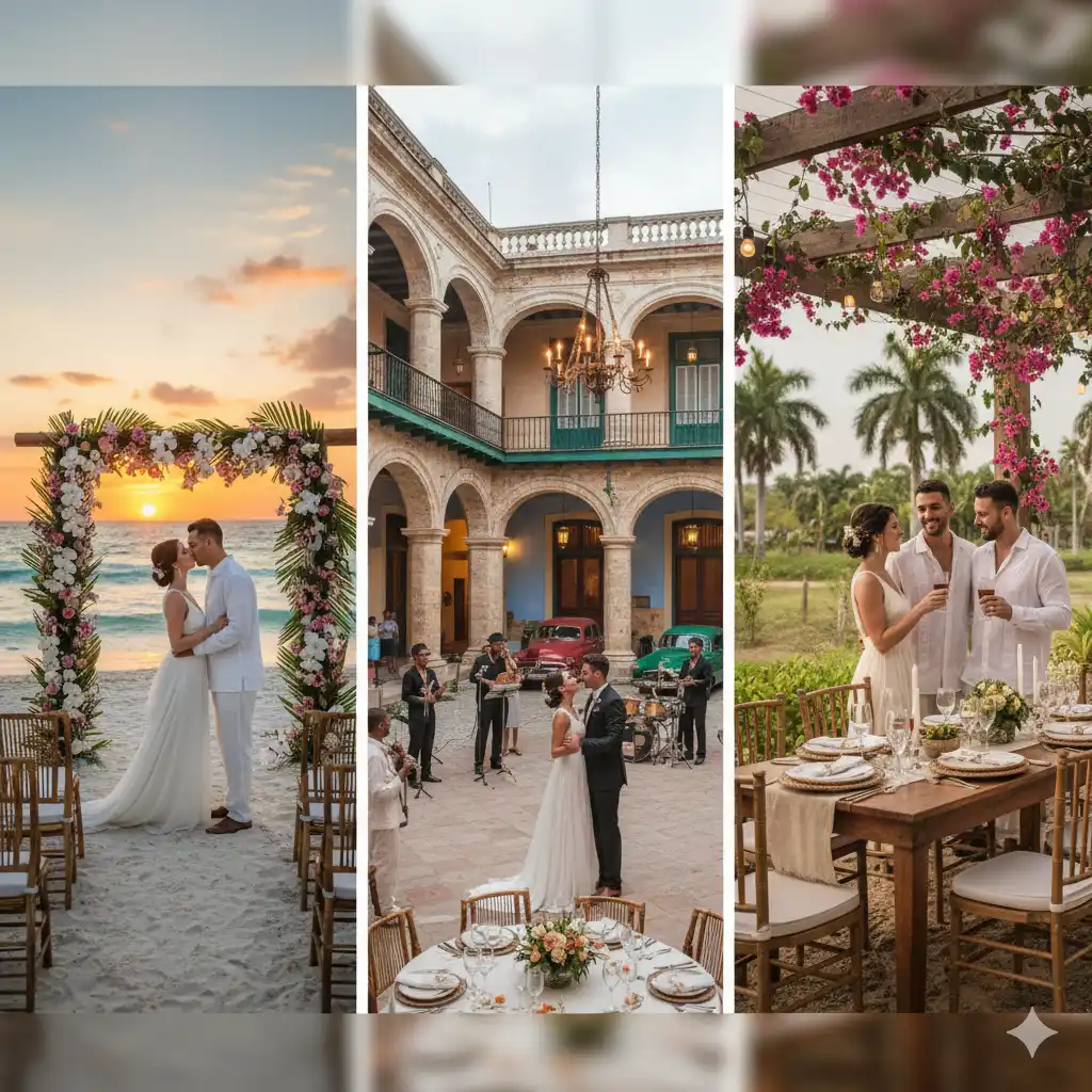 Bodas en Cuba en diferentes locaciones: ceremonia en la playa, mansión colonial en La Habana y finca privada con mesa decorada.