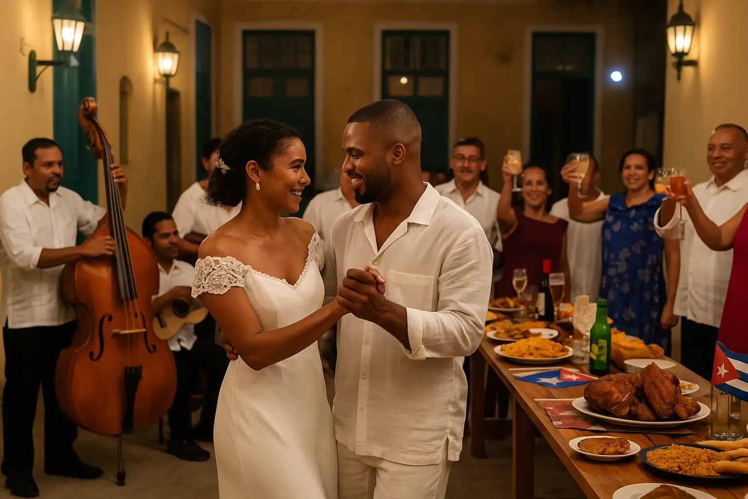 La experiencia cubana en bodas: pareja bailando con música en vivo, invitados brindando y banquete típico cubano en ambiente colonial.