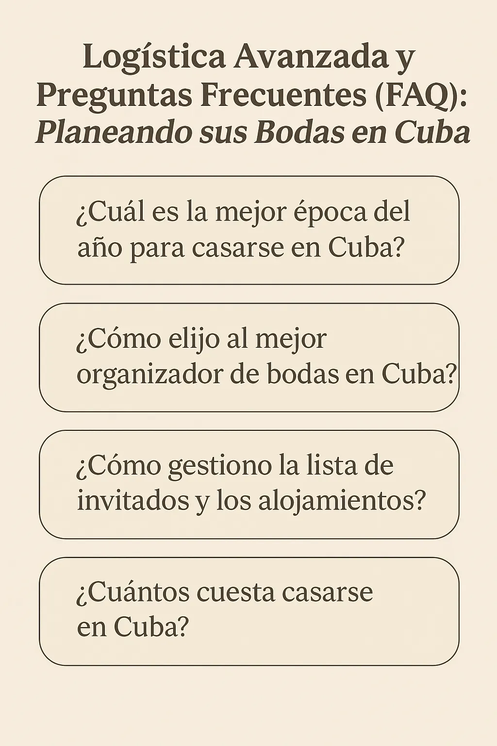 Logística avanzada y preguntas frecuentes sobre cómo planificar bodas en Cuba, guía visual para parejas.