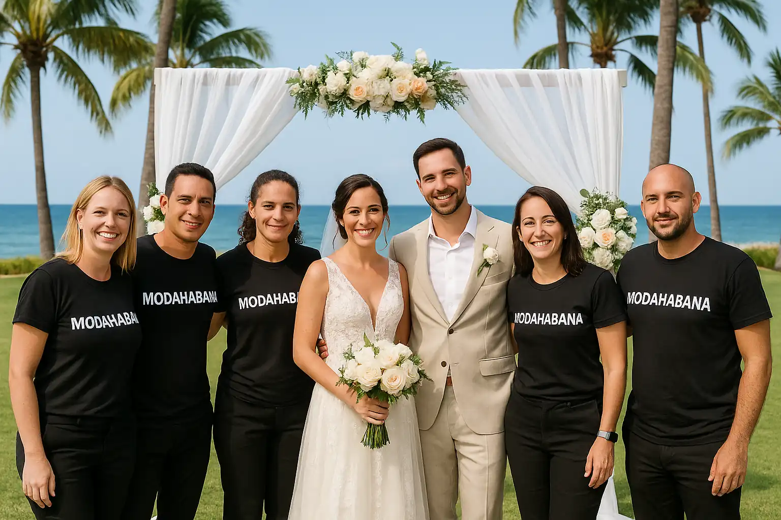 organizadores de bodas en cuba equipo completo en una playa de cuba juntos a los novios 