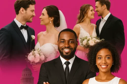 Imagen promocional con fondo fucsia vibrante que muestra novios, organizadores profesionales y escenarios cubanos auténticos, representando a Modahabana y BodasCuba.me.