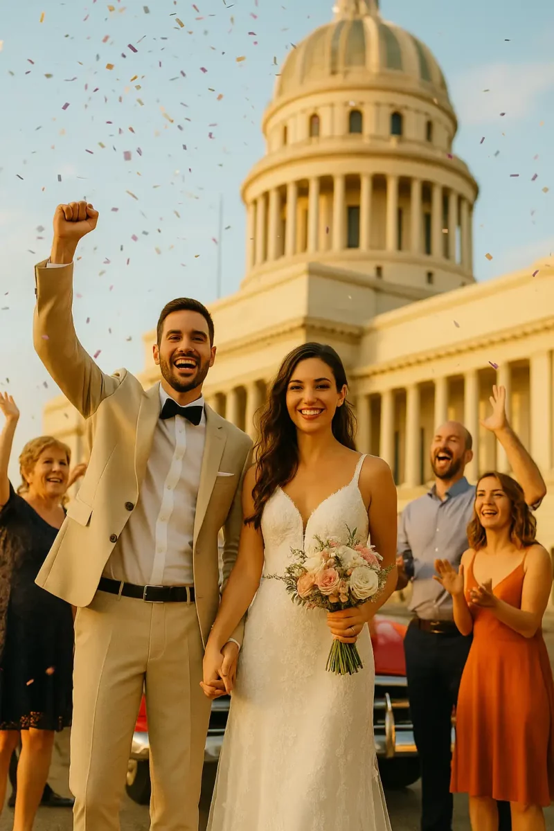 Paquete de Bodas en La Habana Clásico – Novios celebrando frente al Capitolio con invitados y confeti en ambiente festivo